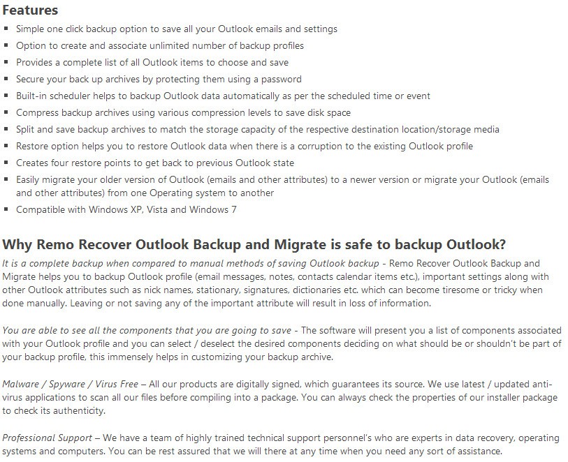 Remo Outlook Backup & Migrate key Features